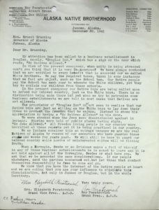 Image of letter written by Elizabeth and Roy Peratrovich to the governor regarding discrimination